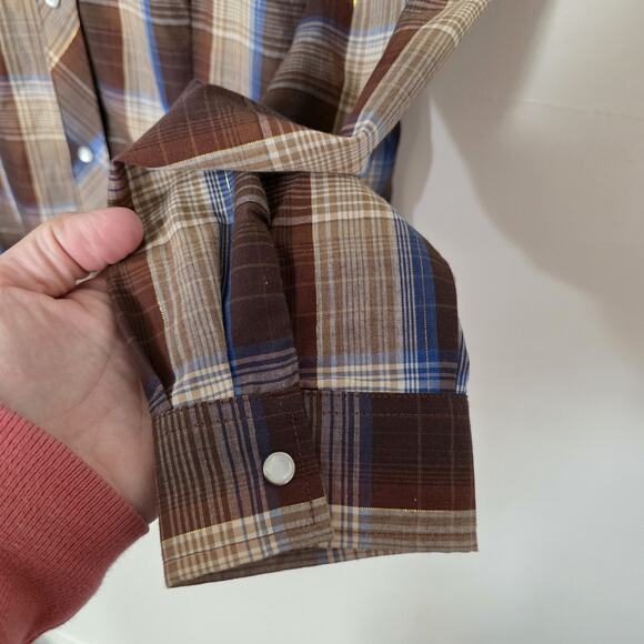 Roper Embroidered Plaid Western Shirt Mens XL Pearl Snap Rodeo Blue Brown Lurex - Picture 6 of 10